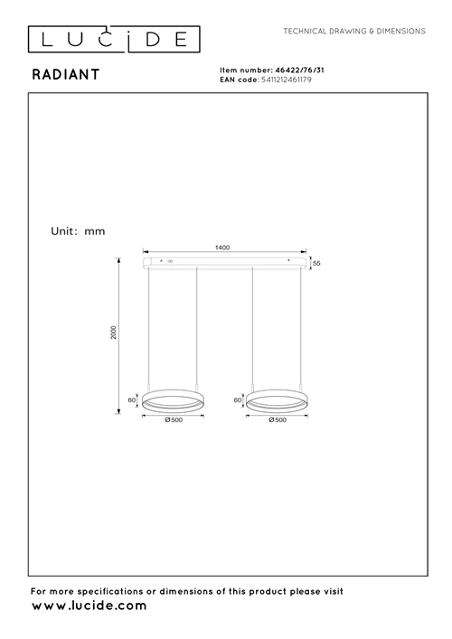 Lucide RADIANT - Pendelleuchten - LED Dim. - CCT - 2x38W 2200K/3000K - Weiß - Vibes - technisch